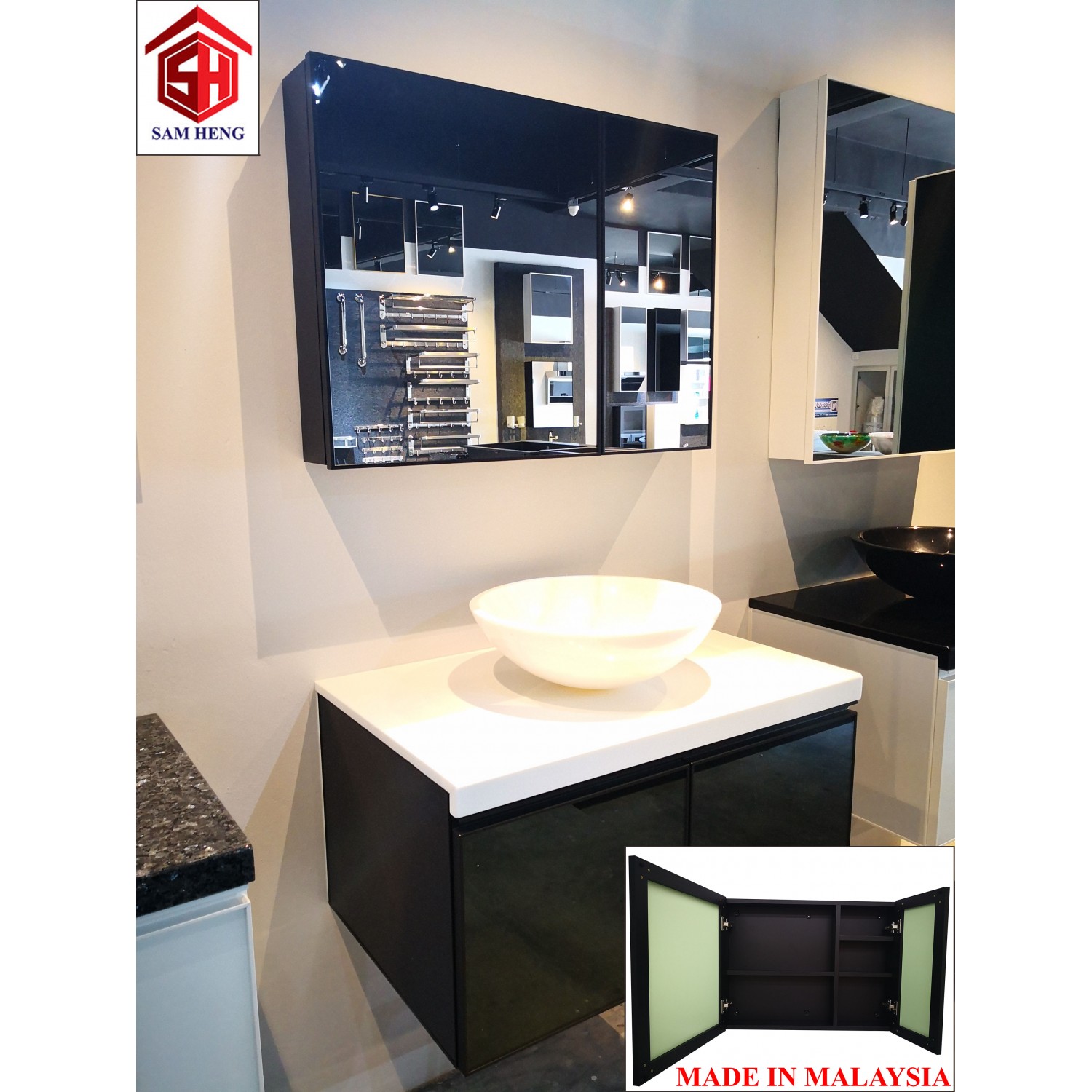 SMC-B4(L) Bathroom aluminium mirror cabinet,powder coated matte black 593mm(H)x800mm(W)x122mm(D)/ Bilik Mandi Aluminium Cermin Kabinet Bersalut Serbuk 