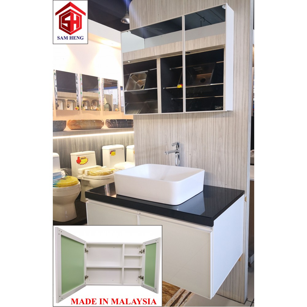 SMC-W4(L) Bathroom aluminium mirror cabinet,powder coated matte white 593mm(H)x800mm(W)x122mm(D)/ Bilik Mandi Aluminium Cermin Kabinet Bersalut Serbuk 